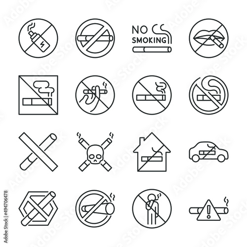 No smoking icons set. Not smoke. Cigarette with smoke and a prohibition sign, icon collection. Line with editable stroke