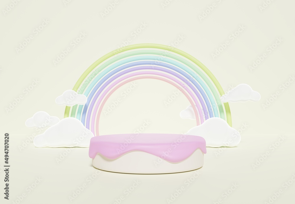 3D rendering of colorful pastel clouds and rainbow with empty space for kids or baby food products.