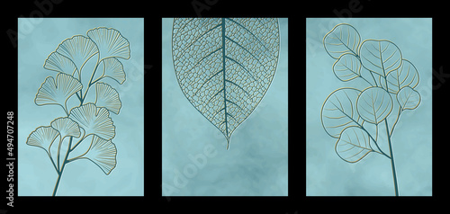 Ensemble de 3 images artistiques (triptyque) composées de 3 styles de feuilles  transparentes aux nervures apparentes or sur un fond turquoise. photo