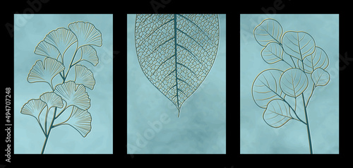 Ensemble de 3 images artistiques (triptyque) composées de 3 styles de feuilles  transparentes aux nervures apparentes or sur un fond turquoise.