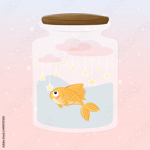 cute little goldfish in a jar