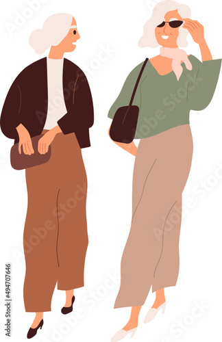 Modern Senior Women Friends Walking Cartoon Illustration