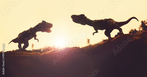 Canvas Print Two Tyrannosaurus Rex dinosaurs fighting on a cliff