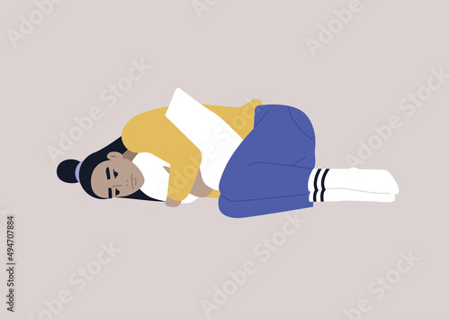 A young female Asian character squeezing a pillow, grief and sorrow concept, depression and anxiety
