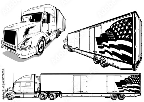 Set of Drawings of an American Truck with a Trailer