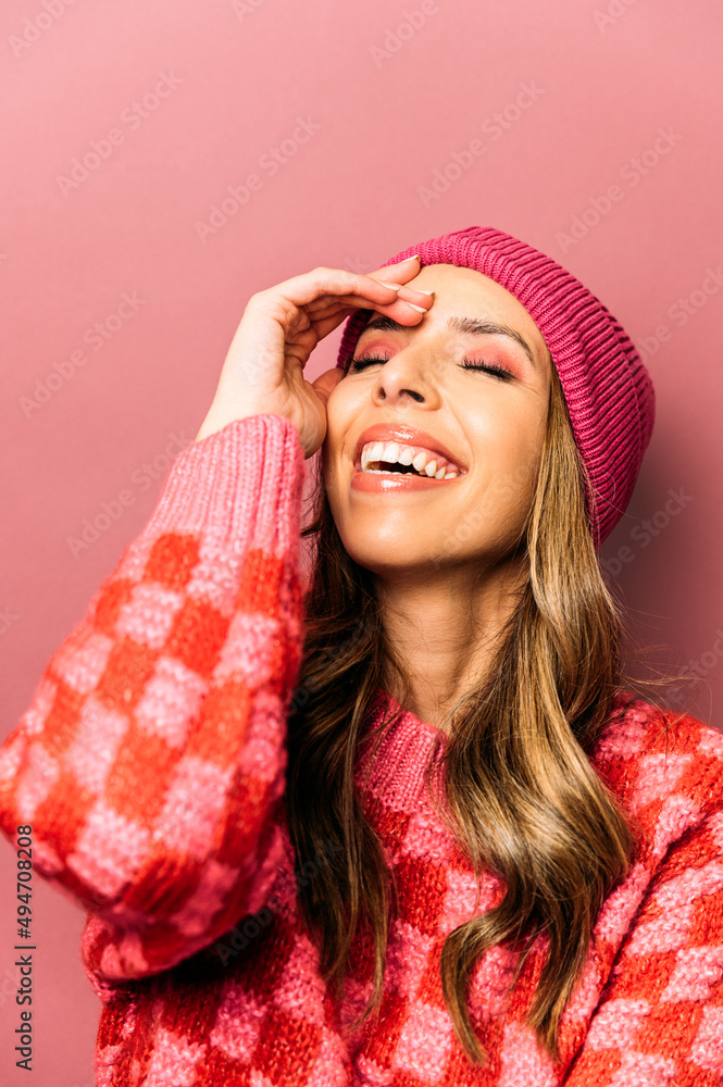 Delighted woman in hat in studio Delighted woman in hat in studio