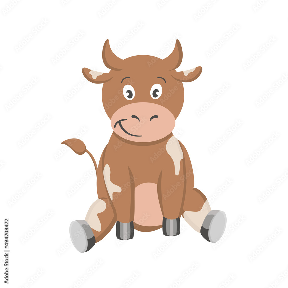 Fototapeta premium Vector cartoon brown cow sitting. A cow with white spots on a white background is isolated