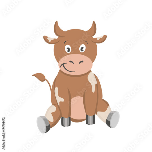 Vector cartoon brown cow sitting. A cow with white spots on a white background is isolated