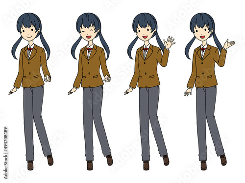 ズボンの制服の女子高生の全身イラストのセット