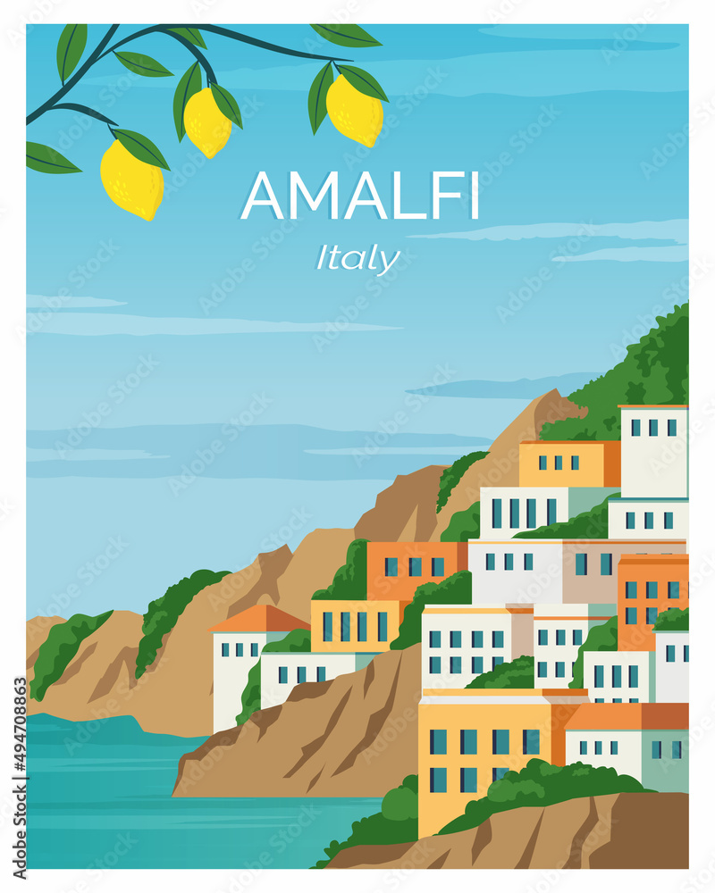 Amalfi. Seaside town in Italy. travel to amalfi. landscape background Vector  illustration suitable for travel poster, postcard, banner.  - obrazy, fototapety, plakaty 