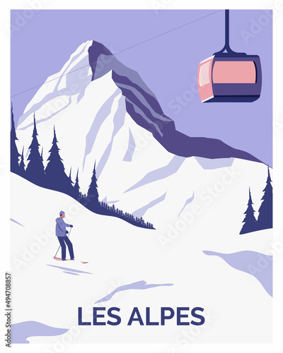 Alps winter background vector illustration, suitable for art print, travel posters, postcard, banners.