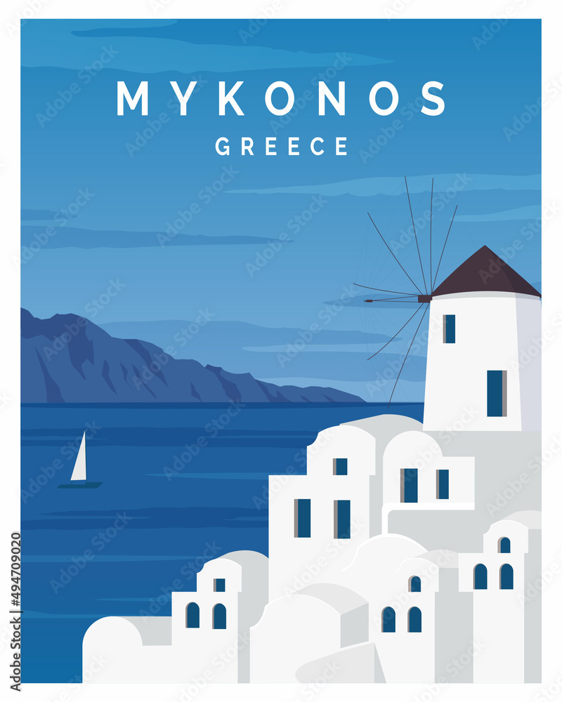 Naklejka premium Mykonos greece Vector Illustration Background. Flat Cartoon Vector Illustration in Color Style. suitable for card, poster, art print