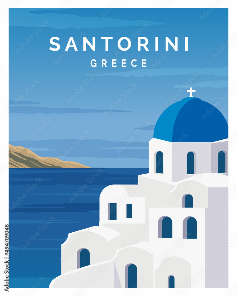 Naklejka premium Santorini Island, Greek Aegean Sea. travel to greece. landscape travel background, card, travel poster, postcard, flyer, art print.