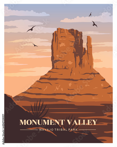 Monument Valley national park Vector Illustration Background. Travel to Monument Valley, Red Sand Arizona Utah United States of America. Flat Cartoon Vector Illustration.
