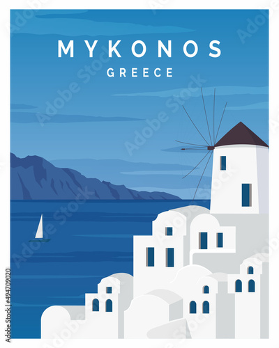 Mykonos greece Vector Illustration Background. Flat Cartoon Vector Illustration in Color Style. suitable for card, poster, art print photo