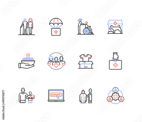 Volunteer help and donation - line design style icons