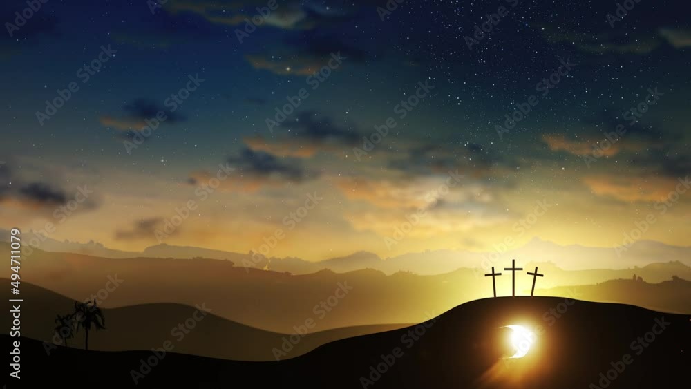 Three crosses on the hill and Jesus tomb with clouds moving on the starry sky. Easter, resurrection, new life, redemption concept. Seamless looping background 4k