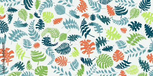 Background with exotic jungle plants. Tropical palm leaves. Rainforest illustration, multicolored on white.