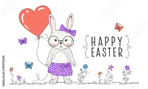 Happy Easter slogan lettering with cute rabbit girl, hare, balloon heart, flowers, butterfly. Easter Greetings illustration