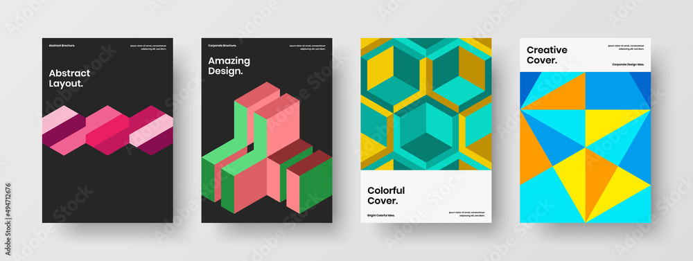 Unique pamphlet A4 vector design template bundle. Abstract mosaic pattern catalog cover illustration set.