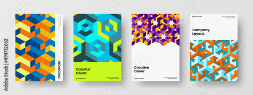 Creative geometric pattern magazine cover layout set. Modern booklet A4 vector design template collection.