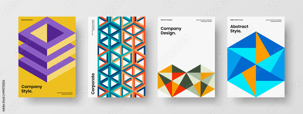 Vivid geometric tiles corporate brochure illustration bundle. Amazing journal cover design vector template collection.