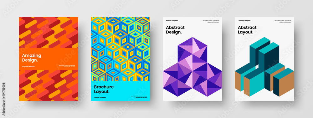 Simple company brochure A4 design vector layout collection. Bright geometric hexagons cover illustration bundle.