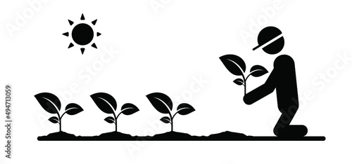Cartoon Stickman, stick figure man with garden plants. Vector gardening icon or pictogram. Garden maintenance tools. Plant logo. Farm, farmer worker. Gardener, vegetable garden.