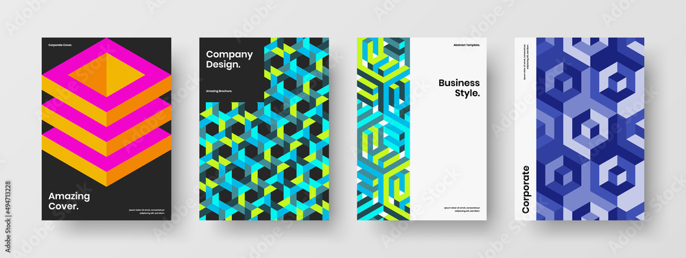 Simple booklet design vector illustration collection. Creative geometric pattern leaflet layout bundle.