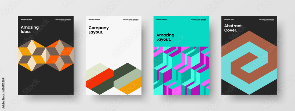 Amazing annual report design vector illustration collection. Vivid mosaic hexagons magazine cover template bundle.