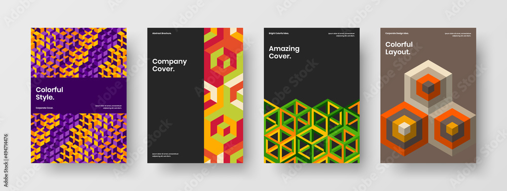 Obraz premium Abstract book cover A4 vector design template collection. Clean geometric pattern leaflet illustration bundle.