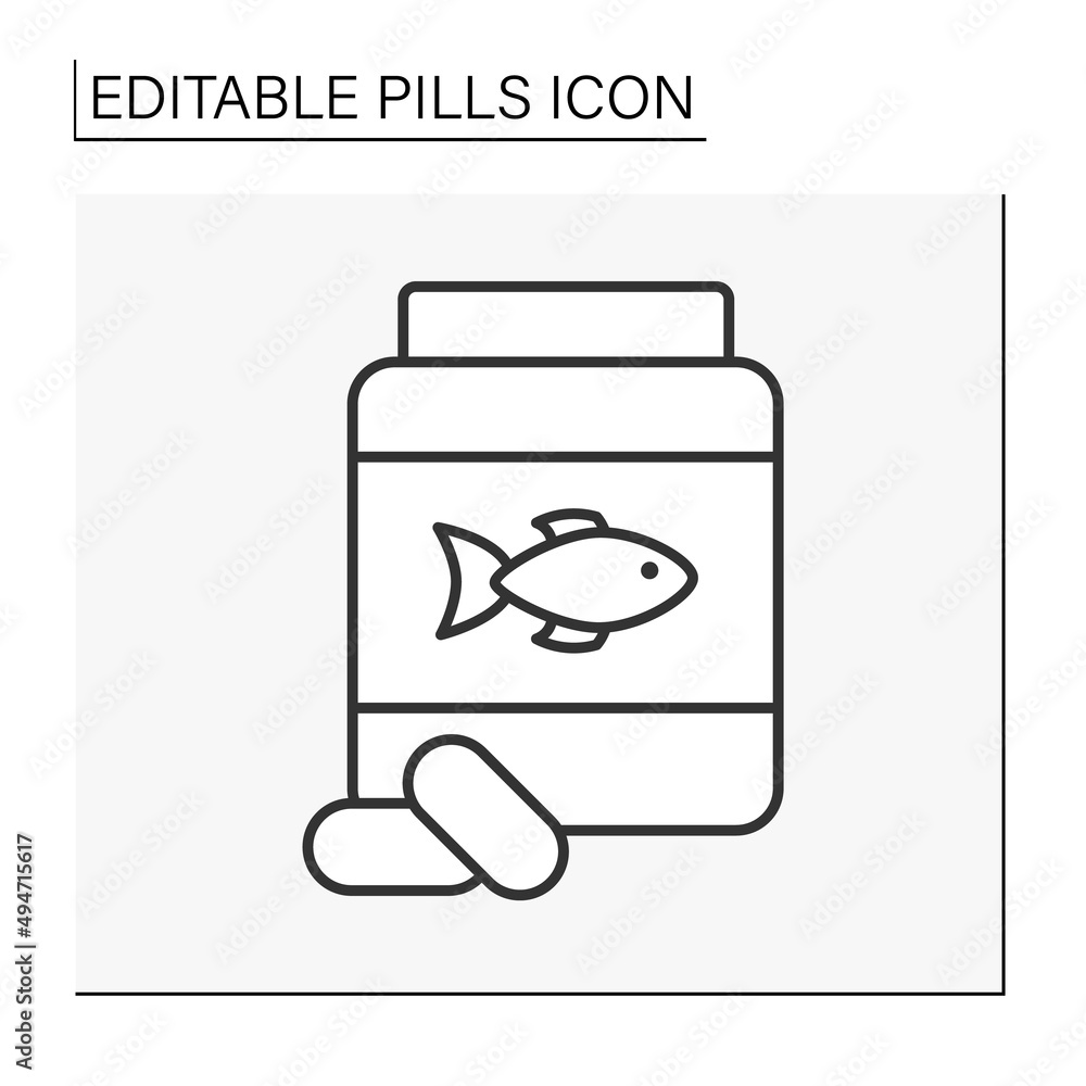 Drugs line icon. Fish oil pills. Omega 3 supplements to food. Pills concept. Isolated vector illustration. Editable stroke Drugs line icon. Fish oil pills. Omega 3 supplements to food. Pills concept. Isolated vector illustration. Editable stroke