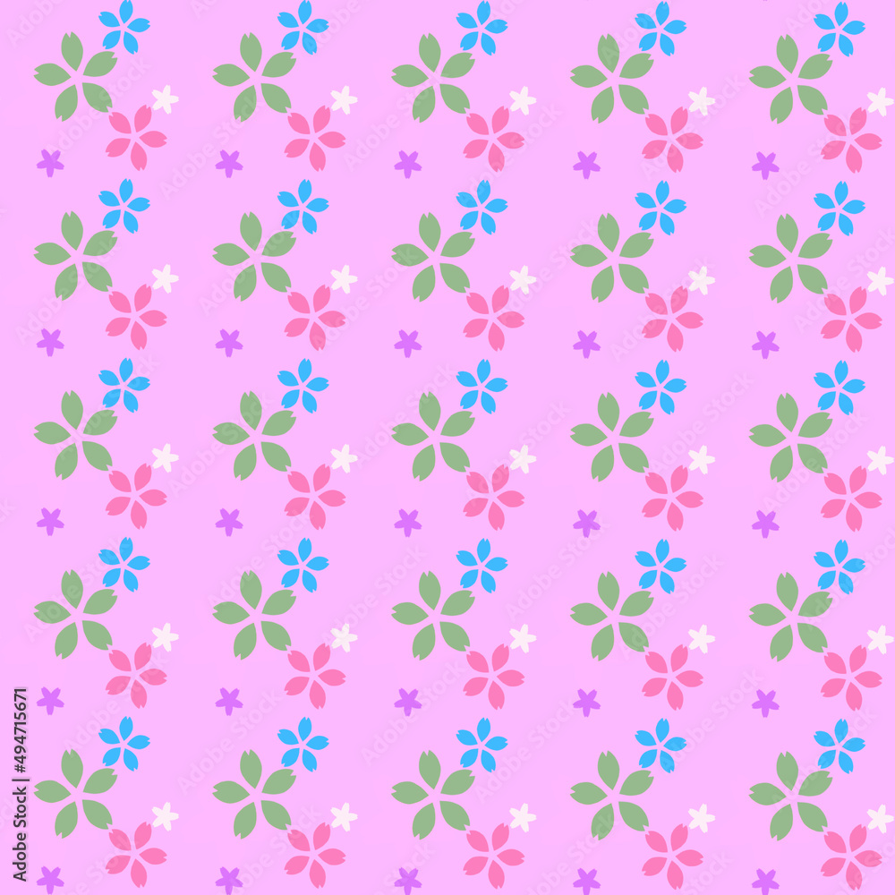 薄紫地にピンクや緑や青などの桜のシルエットのシームレスパターン