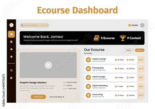 Course Dashboard design UI Kit. Desktop app with UI. Use for web application or website. Learning Dashboard.