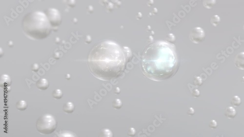 Wallpaper Mural Macro shot of various white pearl bubbles in water rising up on light background. Super slow motion Beauty glossy Moisturizing bubble blobs or drops 3D animation find a special extract. Torontodigital.ca