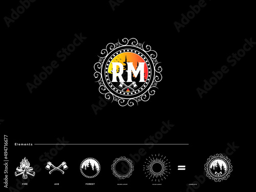 Vintage RM logo, Outdoor Retro Emblems rm Vintage style natural forest company logo
