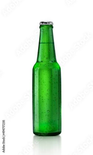 Beer bottle with water drops on a white background. 3d render
