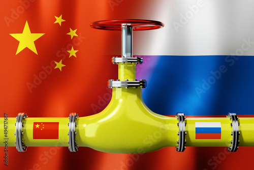 Photography Gas pipeline, flags of China and Russia - 3D illustration