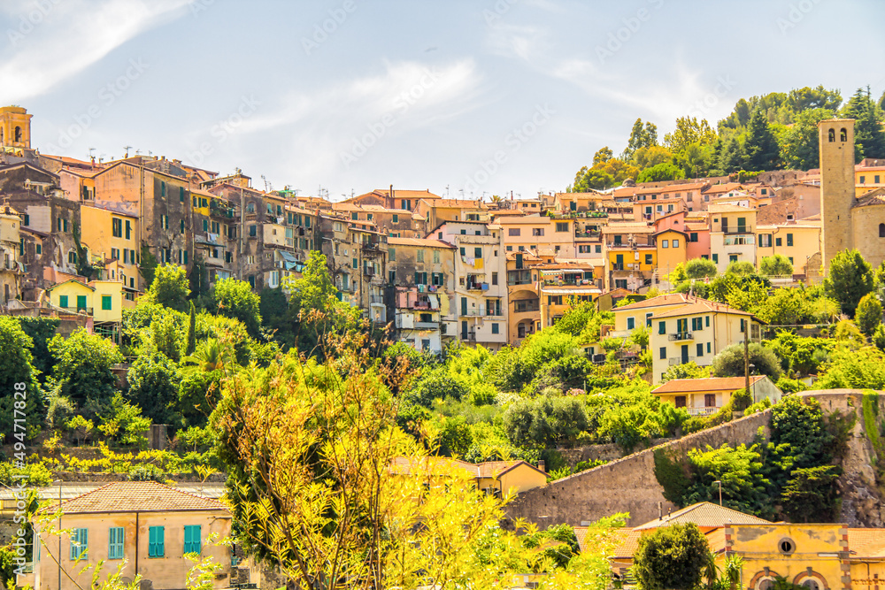 Beautiful view of the old town of Ventimiglia Alta in Italy, Liguria. Ligurian Riviera, Province of Imperia