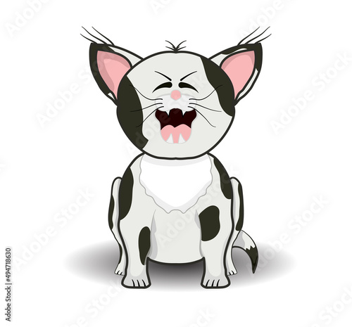 Cute cartoon cat opens its mouth wide isolated on white background