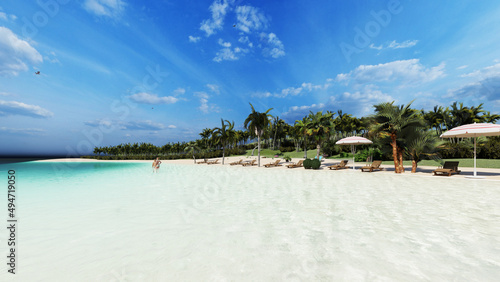 Fototapeta Naklejka Na Ścianę i Meble -  Blue sky over the sea and beach. Waves washing the sand. Palm trees on the caribbean tropical beach. Vacation travel background.