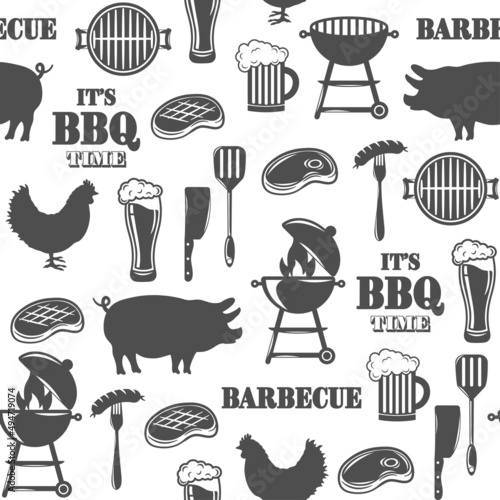 Seamless pattern with barbecue. Background with barbecue elements on white background. Bbq party vector illustration. Collection of barbecue. Bbq master, meat, beer, grill set.