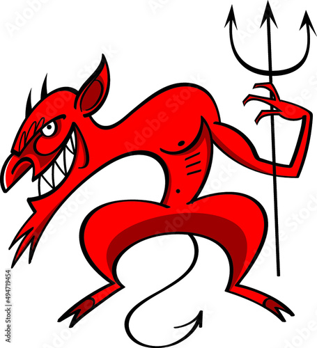 Smiling one-handed red devil from hell with pitchfork