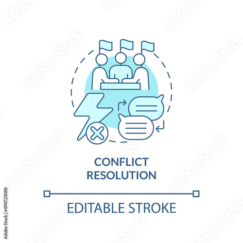 Conflict resolution turquoise concept icon. Peace building. Community security abstract idea thin line illustration. Isolated outline drawing. Editable stroke. Arial, Myriad Pro-Bold fonts used