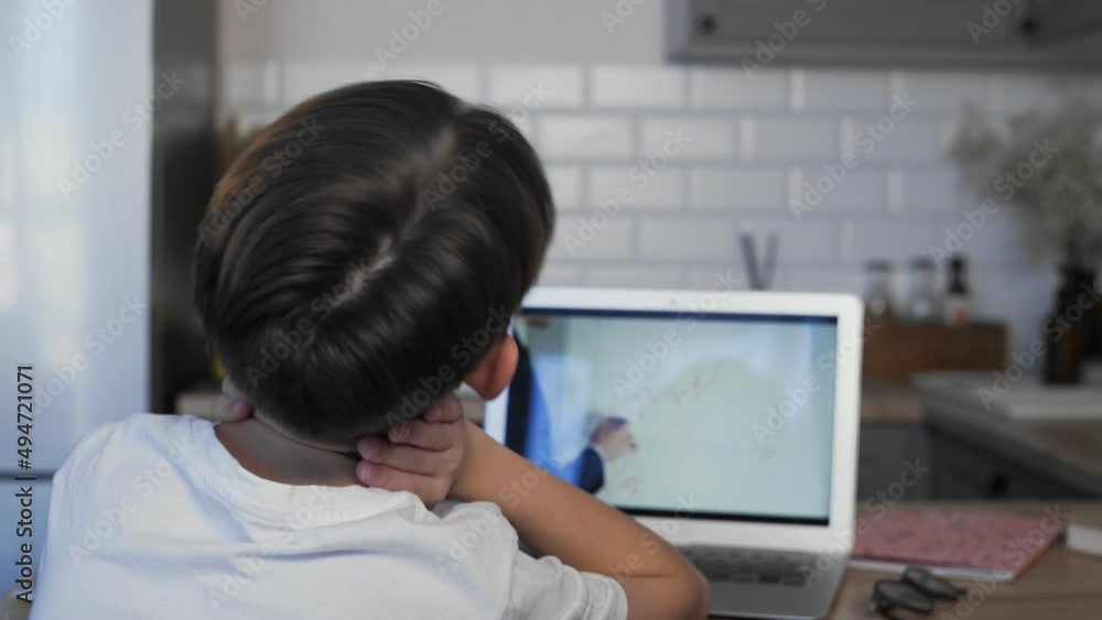 A view from the shoulder of a boy doing homework. Graphs on the laptop screen. Study A view from the shoulder of a boy doing homework. Graphs on the laptop screen. Study