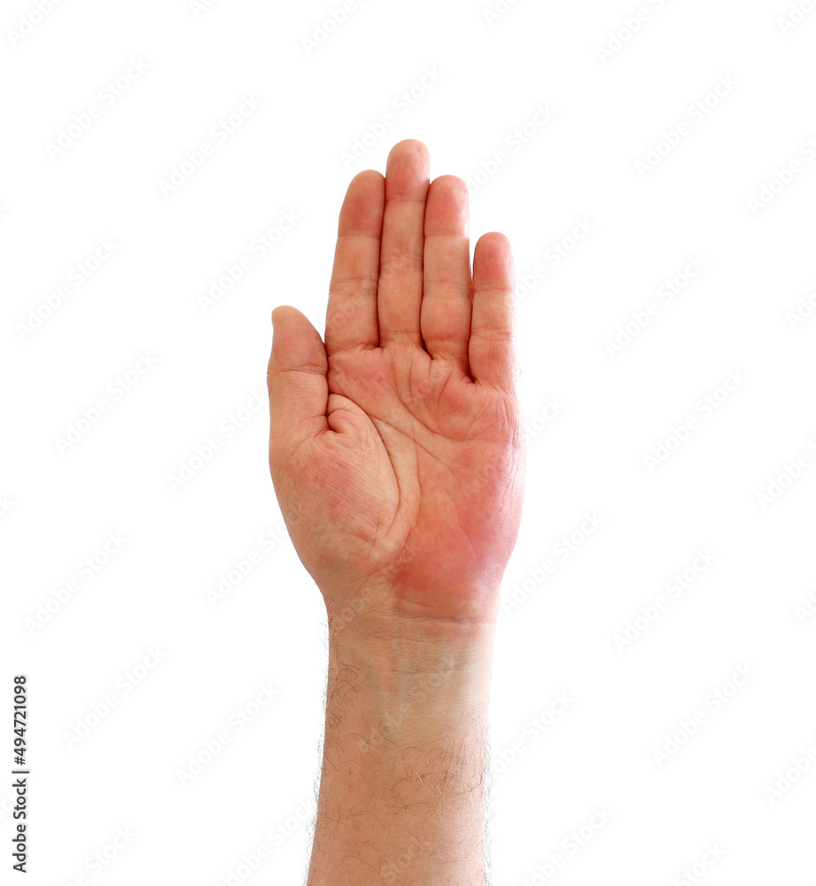 Hand palm of adult man showing up isolated on white background, clipping path included. Hand palm of adult man showing up isolated on white background, clipping path included.