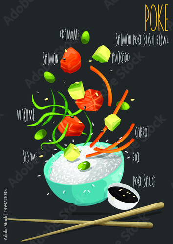 Hawaiian salmon fish poke bowl with rice. Vector illustration