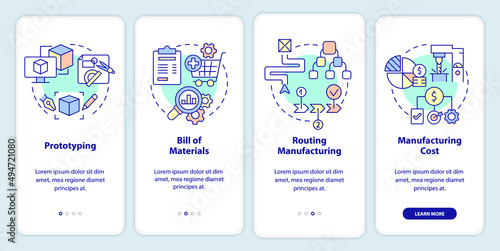 Manufacturing stages onboarding mobile app screen. Production process walkthrough 4 steps graphic instructions pages with linear concepts. UI, UX, GUI template. Myriad Pro-Bold, Regular fonts used
