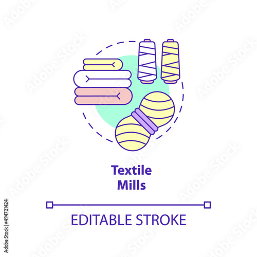 Textile mills concept icon. Distribution of yarn and cloth. Business subsector abstract idea thin line illustration. Isolated outline drawing. Editable stroke. Arial, Myriad Pro-Bold fonts used