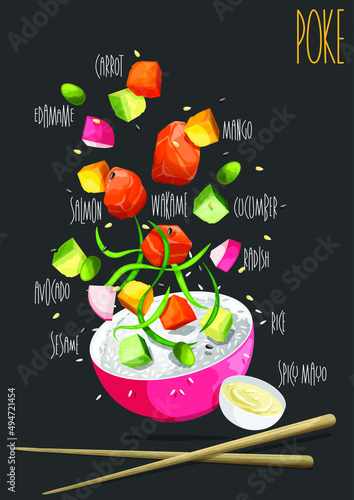Hawaiian salmon fish poke bowl with rice. Vector illustration
